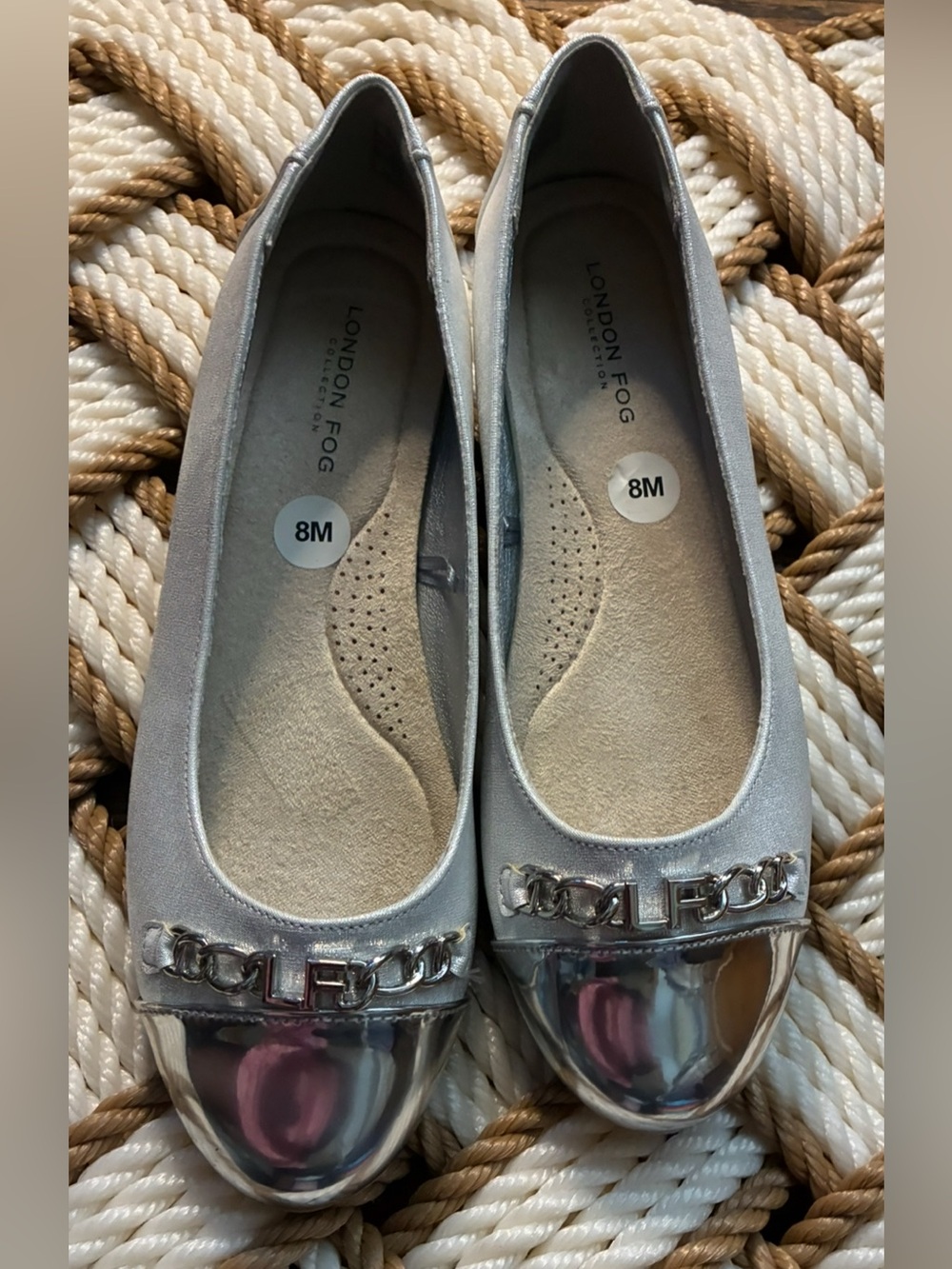 London Fog Metallic Silver Ballet Flats with Chain Accent